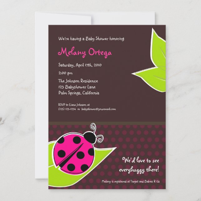 Pink and Brown Ladybug Baby Shower Invitations (Front)