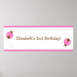 Pink and Brown Ladybug Birthday Banner Poster