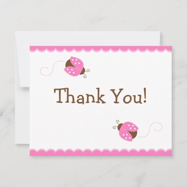 Pink and Brown Ladybug Flat Thank You Card (Front)