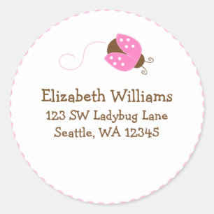 Pink and Brown Ladybug Round Address Sticker Label