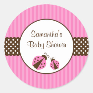Pink and Brown Ladybug Striped Dots Baby Shower Classic Round Sticker