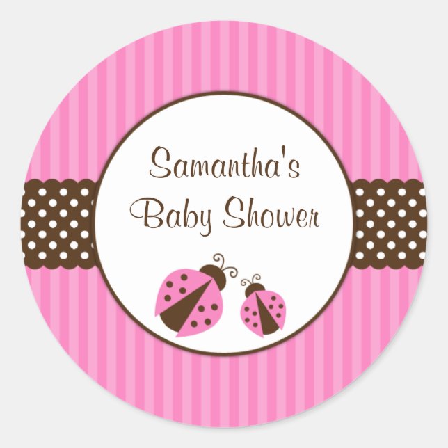 Pink and Brown Ladybug Striped Dots Baby Shower Classic Round Sticker (Front)