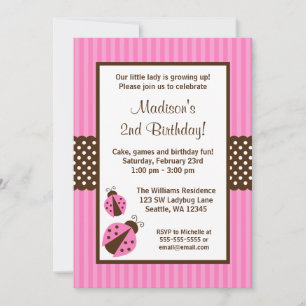 Pink and Brown Ladybug Striped Dots Birthday Party Invitation
