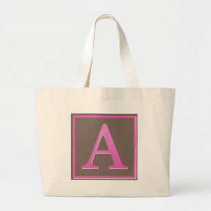 Pink and Brown Letter A Monogram Large Tote Bag