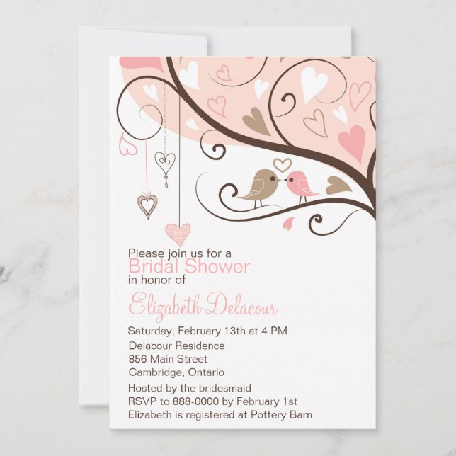 Pink and Brown Love Birds Bridal Shower Invitation (Front)