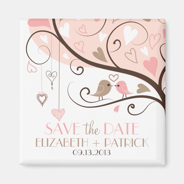 Pink and Brown Love Birds Save the Date Magnet (Front)