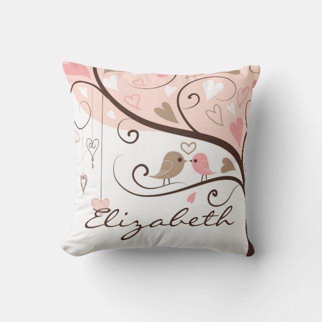 Pink and Brown Lovebirds Personalised Pillow (Front)