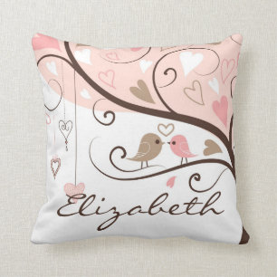Pink and Brown Lovebirds Personalised Pillow