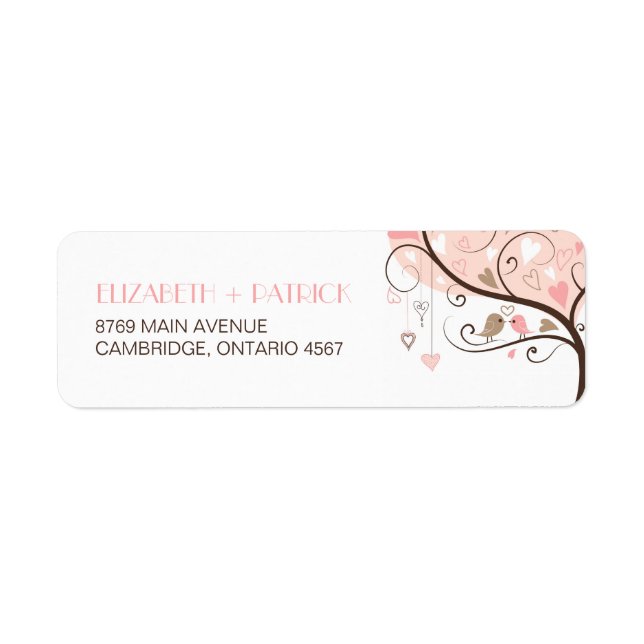 Pink and Brown Lovebirds Wedding Address Label (Front)