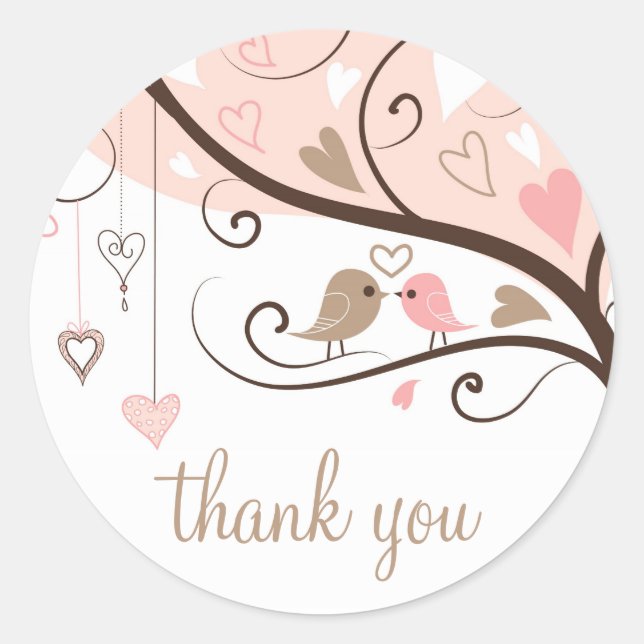 Pink and Brown Lovebirds Wedding Thank You Sticker (Front)
