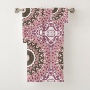 Pink and Brown Mandala Kaleidoscope Medallion Bath Towel Set