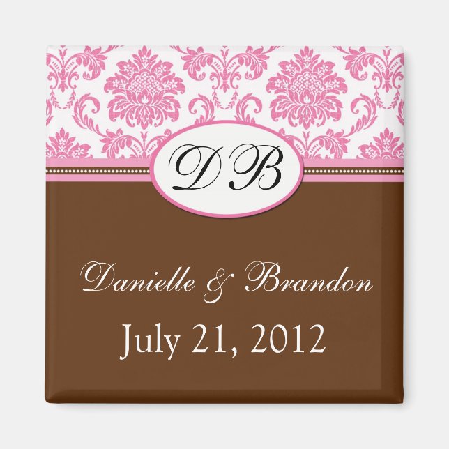 Pink and Brown Monogram Damask Wedding Magnet (Front)