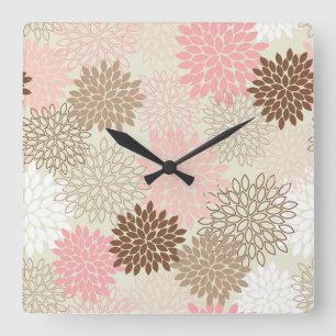 Pink And Brown Mum Pattern Square Wall Clock