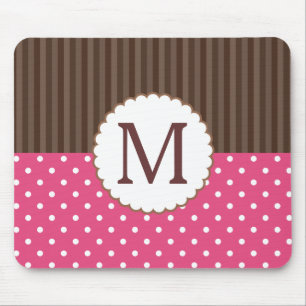 Pink And Brown Polka Dots Stripes Monogram Mouse Mat