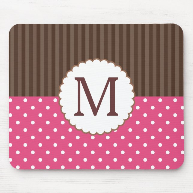 Pink And Brown Polka Dots Stripes Monogram Mouse Mat (Front)