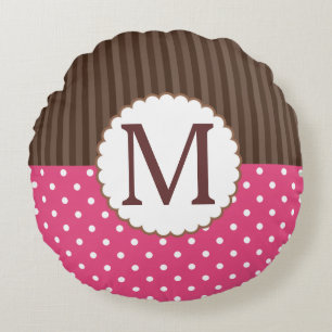 Pink And Brown Polka Dots Stripes Monogram Round Cushion