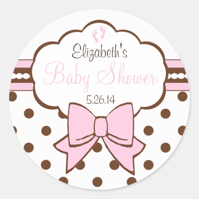 Pink and Brown Polka Dots With Baby Footprints Classic Round Sticker (Front)