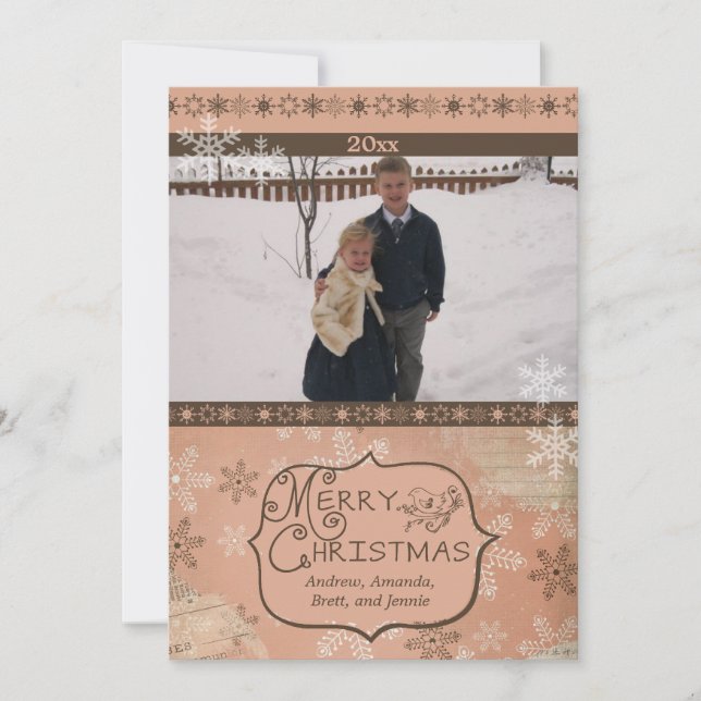 Pink and Brown Snowflakes Photo Holiday Card (Front)