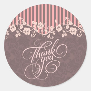 Pink And Brown Stripes & Floral Lace Thank You Classic Round Sticker