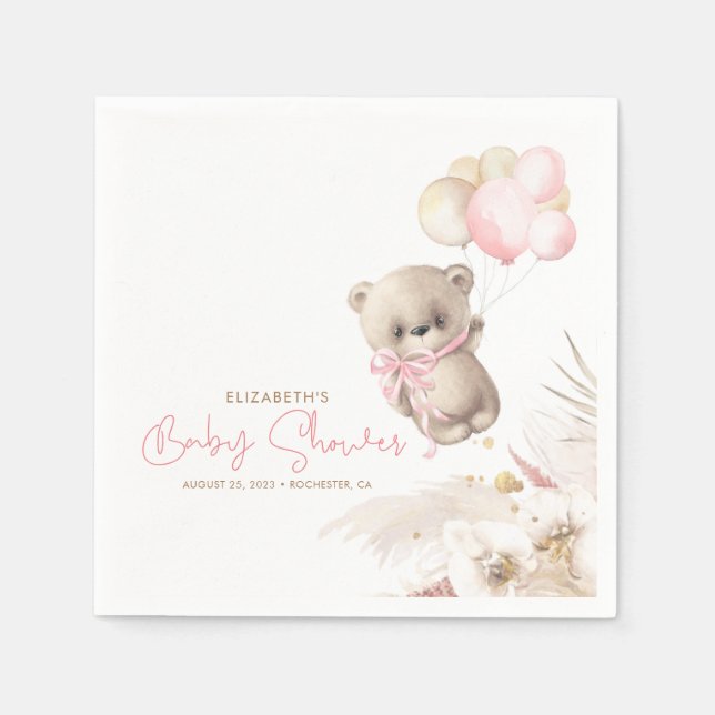 Pink and Brown Teddy Bear Baby Shower Napkin (Front)