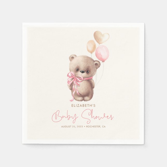 Pink and Brown Teddy Bear Baby Shower Napkin (Front)