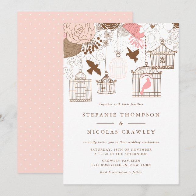 Pink and Brown Vintage Birdcages Wedding Invitation (Front/Back)