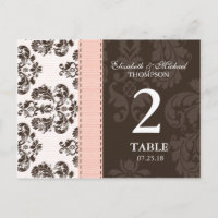 Pink and Brown Vintage Damask Wedding Table Number