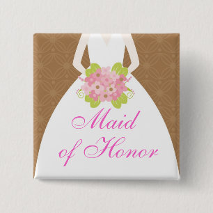 Pink and Brown Wedding Dress Bridal Party 15 Cm Square Badge