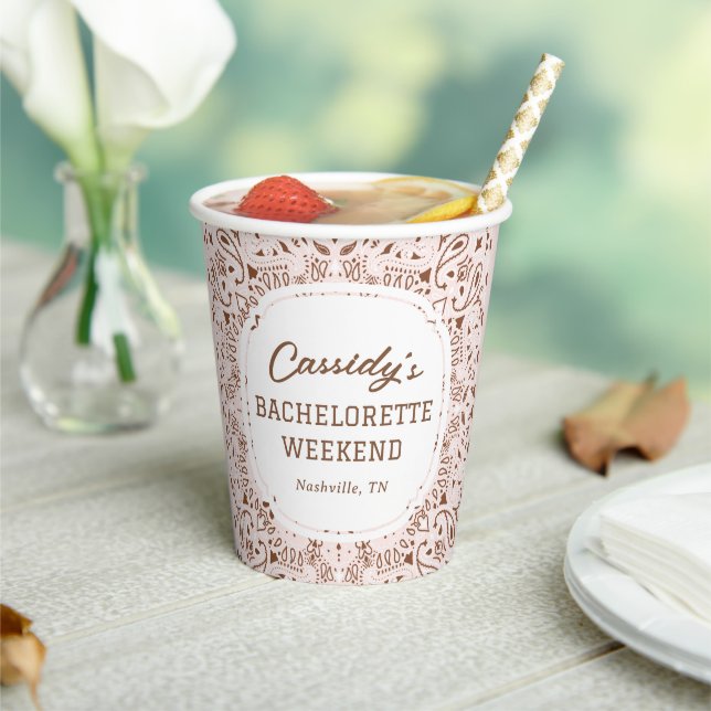 Pink and Brown Western Bachelorette Party Paper Cups (Insitu)