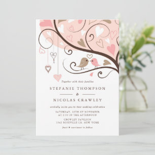 Pink and Brown Whimsical Lovebirds Wedding Invitation