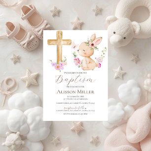 Pink and bunny floral baptism invitation