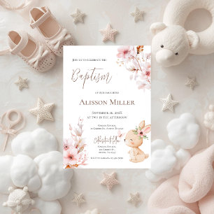 Pink and bunny floral baptism invitation