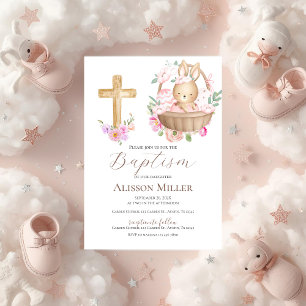 Pink and bunny floral baptism invitation