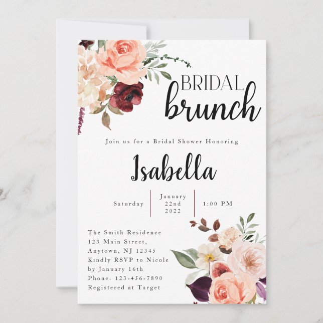 Pink and Burgundy Floral Bridal Shower Invitation  (Front)