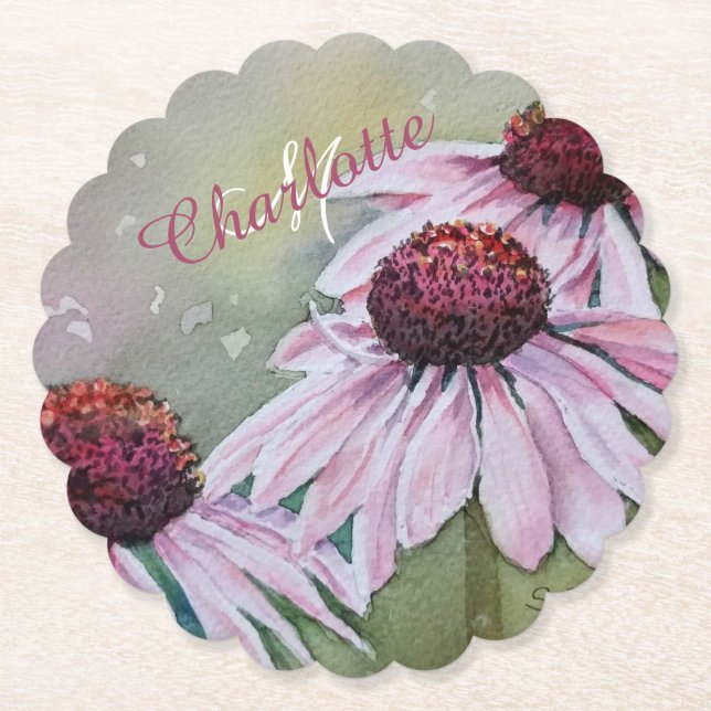Pink and Burgundy Floral Paper Coaster (Front)
