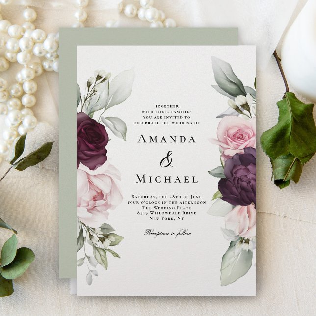 Pink and Burgundy Floral Romantic Wedding Invitation (Creator Uploaded)