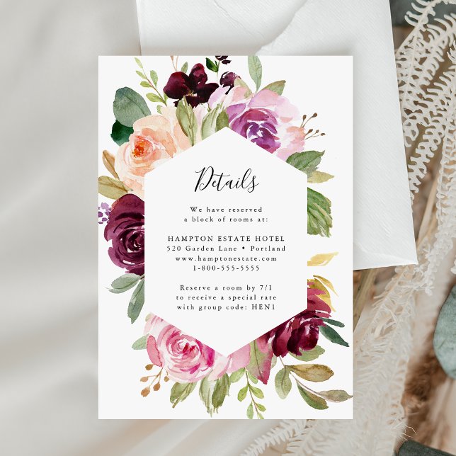 Pink and Burgundy Floral Wedding Details Card (Creator Uploaded)