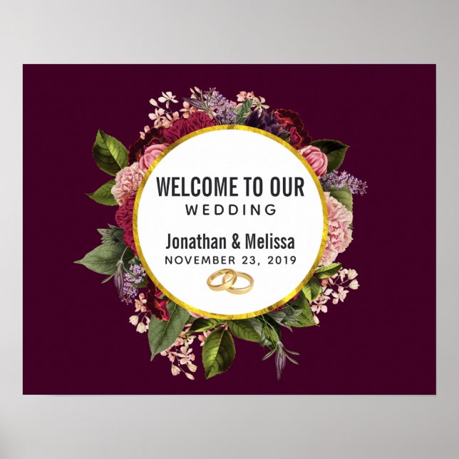 Pink and Burgundy Florals Wedding Welcome Poster (Front)