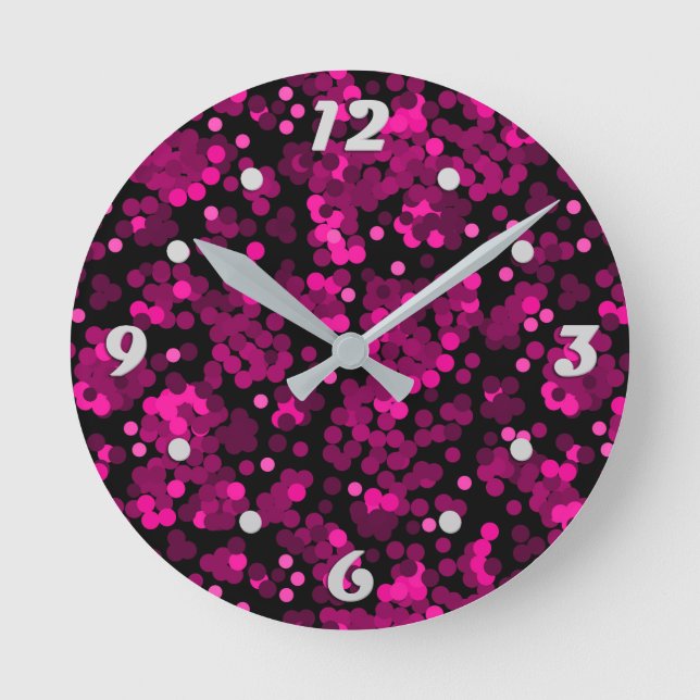 Pink and burgundy polka dot confetti pattern round clock (Front)