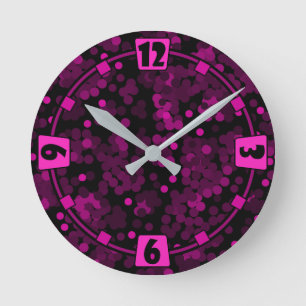 Pink and burgundy polka dot confetti pattern round clock