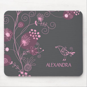 Pink And Burgundy Retro Flowers Brown Background Mouse Mat
