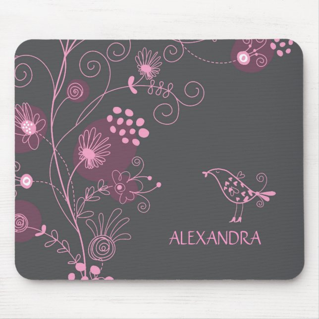 Pink And Burgundy Retro Flowers Brown Background Mouse Mat (Front)