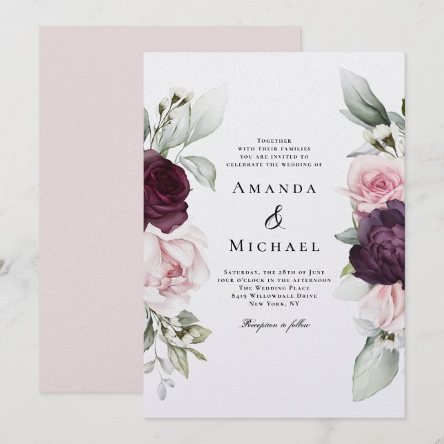 Pink and Burgundy Romantic Floral Wedding Invitation (Front/Back)