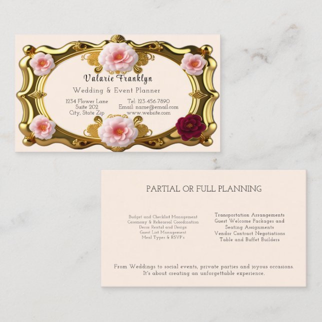 Pink and Burgundy Roses Wedding Event Planner Business Card (Front/Back)