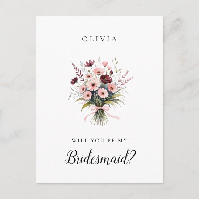 Pink and Burgundy Wildflowers Bridesmaid Proposal Postcard (Front)