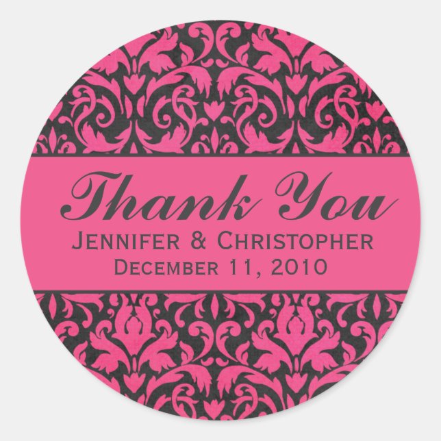 Pink and Charcoal Damask Round Wedding Labels (Front)