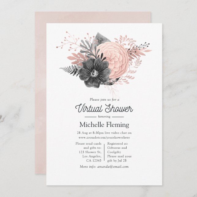 Pink and Charcoal Floral Virtual Shower Invitation (Front/Back)