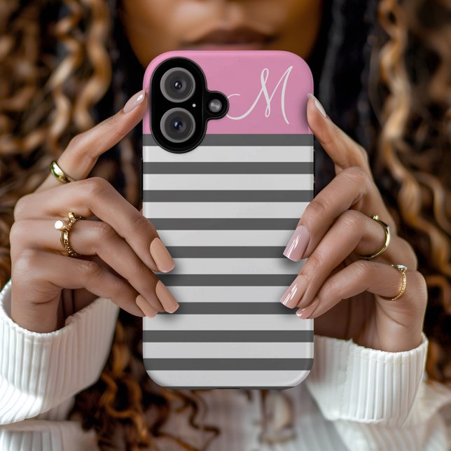 Pink and Charcoal Preppy Stripes Monogram Case-Mate iPhone Case (Creator Uploaded)