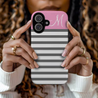 Pink and Charcoal Preppy Stripes Monogram