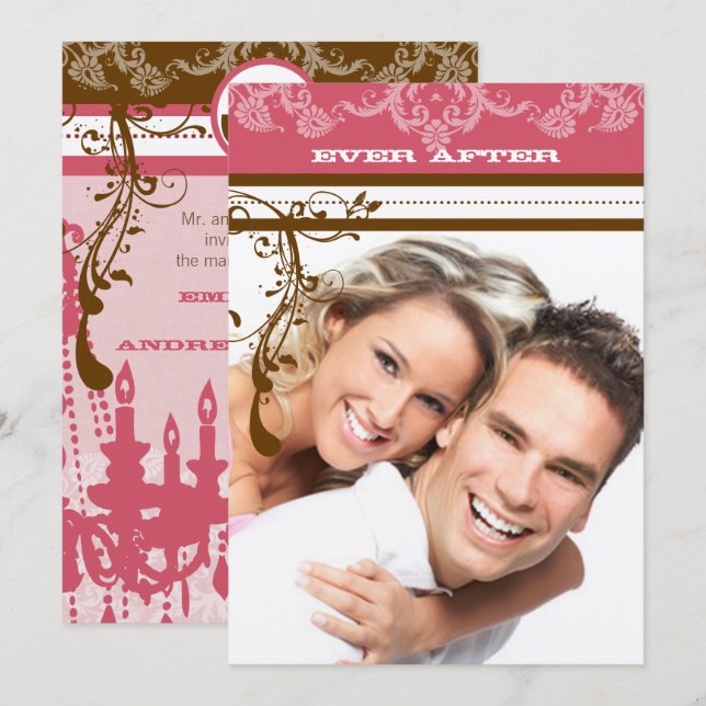 Pink and Chocolate Brown Vintage Chandelier Invitation (Front/Back)